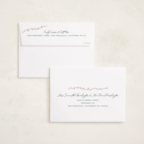 This is a forest foil pressed holiday cards with foil pressed by Holly Whitcomb called crazy lights printing on recycled smooth signature in standard
