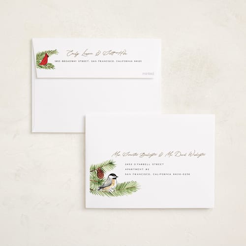 This is a cream foil pressed holiday cards with foil pressed by Amy Kross called birds & branches printing on recycled smooth signature in standard