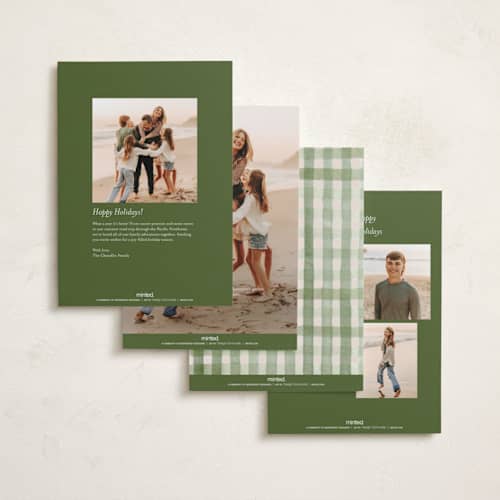 This is a sage foil pressed holiday cards with foil pressed by Meagan Christensen called gingham printing on recycled smooth signature in standard