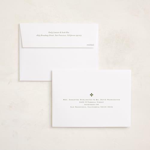 This is a sage foil pressed holiday cards with foil pressed by Meagan Christensen called gingham printing on recycled smooth signature in standard