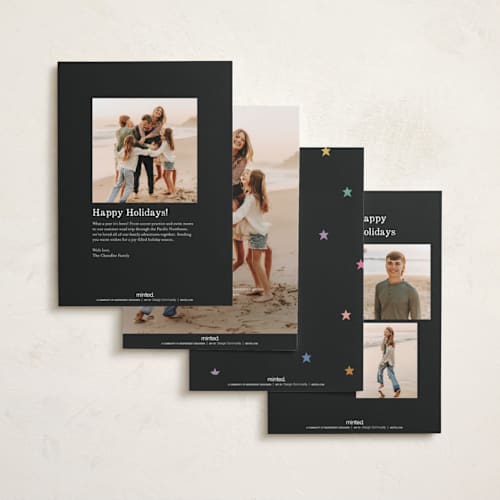 This is a midnight foil pressed holiday cards with foil pressed by Kercia Jane called tiny star confetti printing on recycled smooth signature in standard