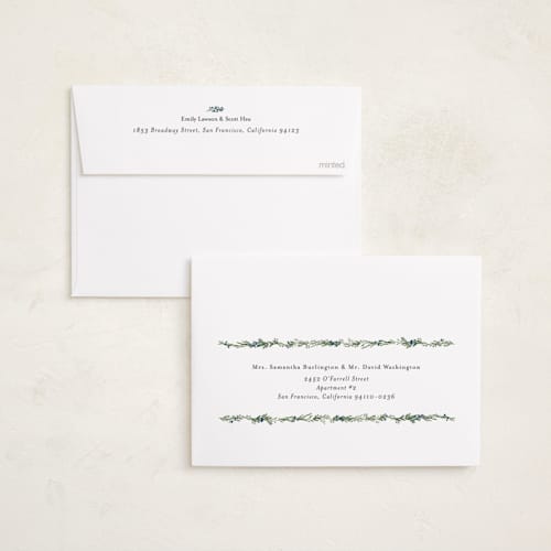 This is a blue spruce foil pressed holiday cards with foil pressed by Susan Moyal called delicate vine printing on recycled smooth signature in standard