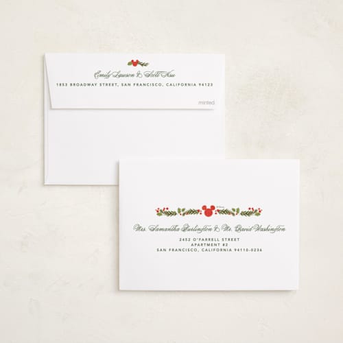 This is a pine foil pressed holiday cards with foil pressed by Creo Study called disney’s mickey vintage holiday greens printing on recycled smooth signature in standard