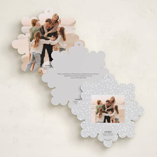 This is a snow holiday card ornaments with gloss press by Jessie Steury called super snowflake printing on recycled smooth signature in ornament