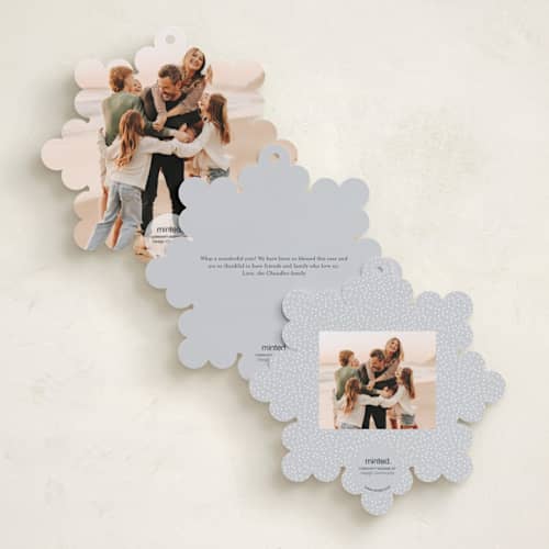 This is a snow holiday card ornaments with gloss press by Becky Nimoy called winter snowflake printing on recycled smooth signature in ornament