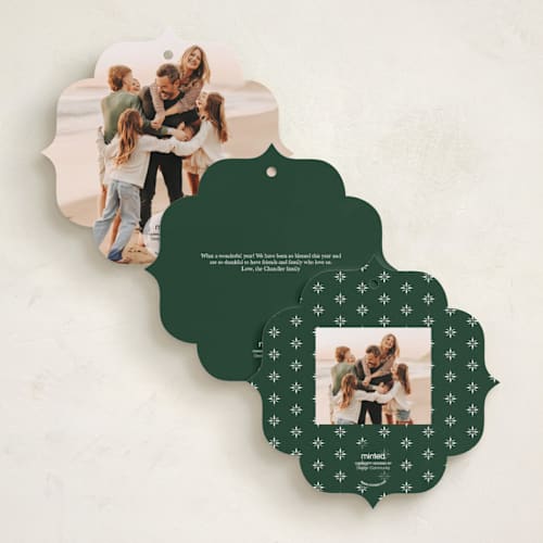 This is a snowflake holiday card ornaments with gloss press by Crisby called white christmas printing on recycled smooth signature in ornament