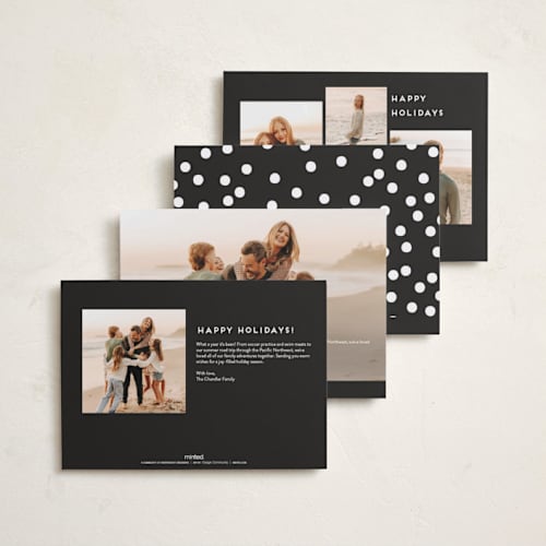 This is a black rhodium gloss press holiday cards with gloss press by Alexandra Cohn called oh what fun quad printing on recycled smooth signature in standard