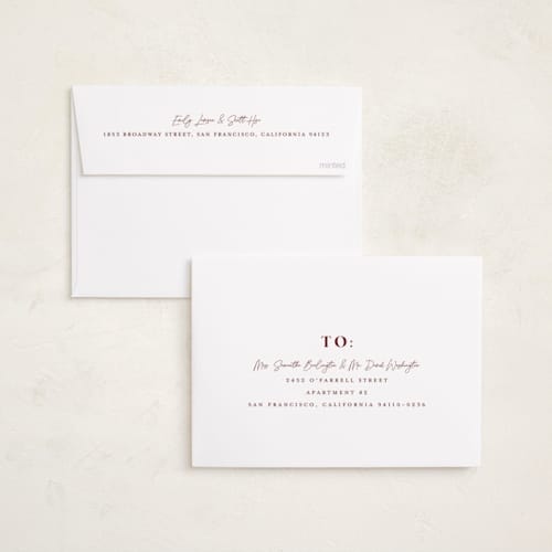 This is a crimson gloss press holiday cards with gloss press by Snow and Ivy called ever present printing on signature in standard