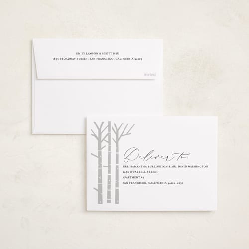 This is a snow gloss press holiday cards with gloss press by Brooke Chandler called birch trees printing on signature in standard