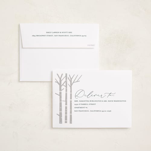 This is a lake gloss press holiday cards with gloss press by Brooke Chandler called birch trees printing on signature in standard