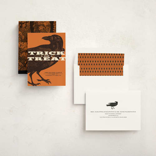This is a pumpkin halloween party invitations cards with standard by Alex Elko Design called trick or treat raven printing on signature in standard