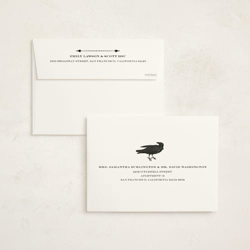 This is a pumpkin halloween party invitations cards with standard by Alex Elko Design called trick or treat raven printing on signature in standard