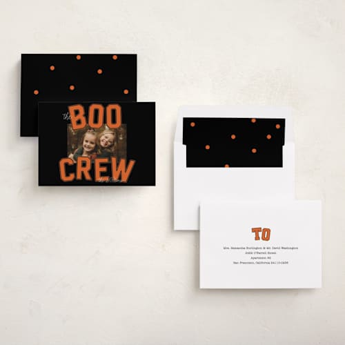This is a pumpkin halloween party invitations cards with standard by Baumbirdy called varsity boo crew printing on recycled smooth signature in standard
