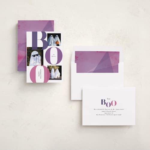 This is a plum halloween party invitations cards with standard by Itsy Belle Studio called bold boo printing on recycled smooth signature in standard