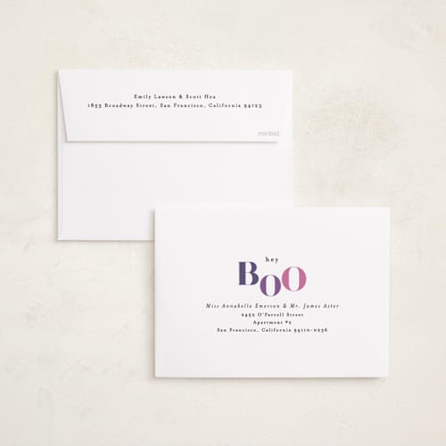 This is a plum halloween party invitations cards with standard by Itsy Belle Studio called bold boo printing on recycled smooth signature in standard