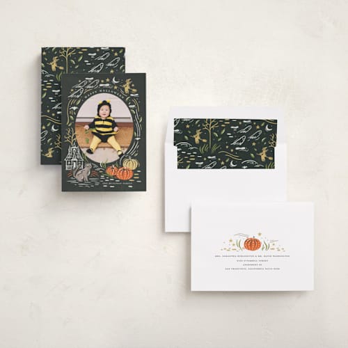 This is a chalkboard halloween party invitations cards with standard by Morgan Ramberg called spooky frame printing on recycled smooth signature in standard