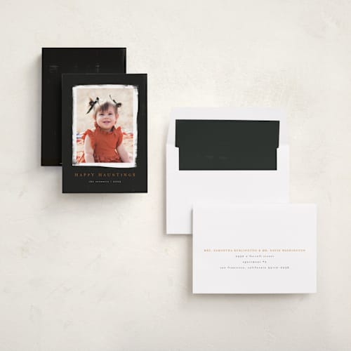 This is a noir halloween party invitations cards with standard by Angela Garrick called happy hauntings printing on recycled smooth signature in standard