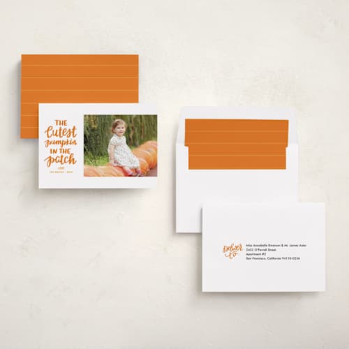 This is a pumpkin halloween party invitations cards with standard by Little Print Design called cutest pumpkin printing on recycled smooth signature in standard