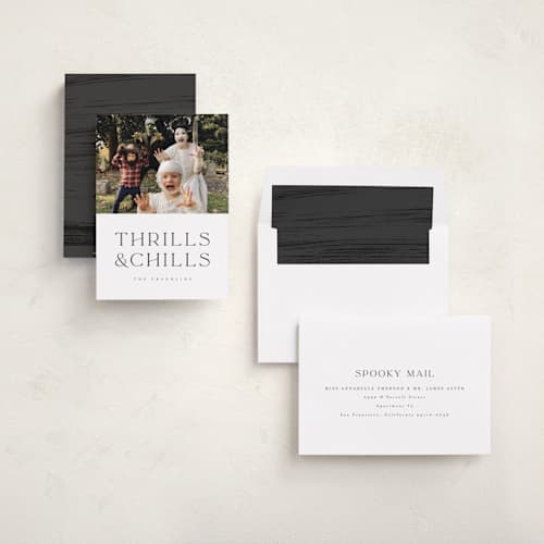 This is a ghost halloween party invitations cards with standard by Angela Garrick called thrills and chills printing on recycled smooth signature in standard
