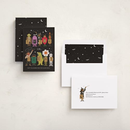 This is a chalkboard halloween party invitations cards with standard by Morgan Ramberg called trick or treaters printing on signature in standard