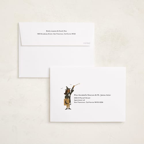 This is a chalkboard halloween party invitations cards with standard by Morgan Ramberg called trick or treaters printing on signature in standard