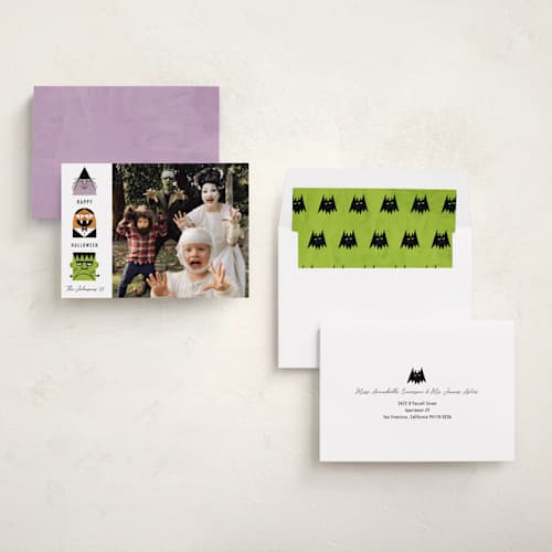 This is a lavender halloween party invitations cards with standard by Becky Nimoy called halloween monsters printing on recycled smooth signature in standard