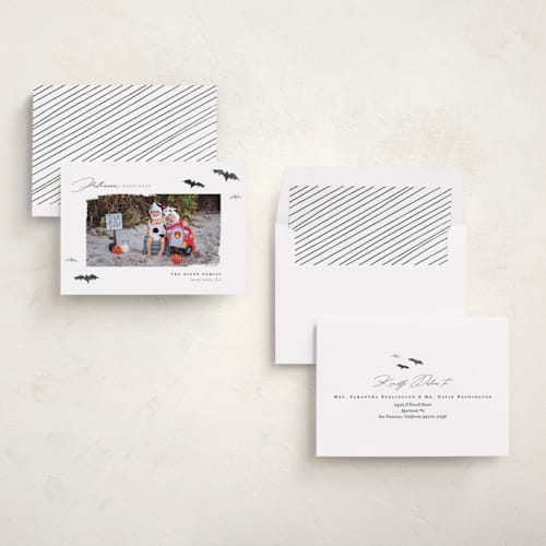This is a licorice halloween party invitations cards with standard by Pixel and Hank called halloween happiness printing on recycled smooth signature in standard
