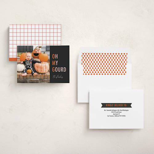 This is a pumpkin halloween party invitations cards with standard by Dawn Pope called oh my gourd printing on recycled smooth signature in standard