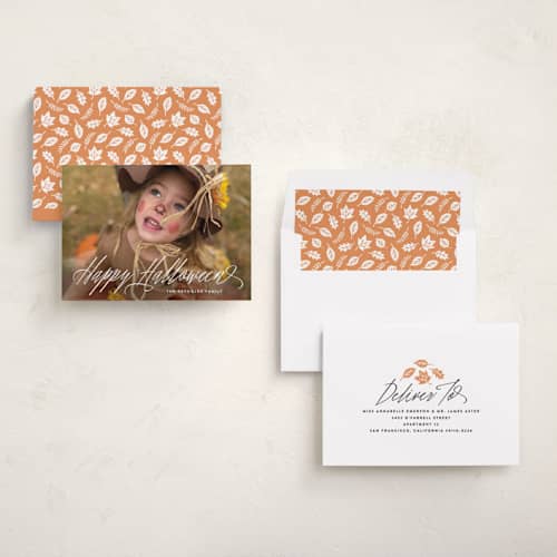 This is a ghostly white halloween party invitations cards with standard by Hooray Creative called spooky script printing on recycled smooth signature in standard