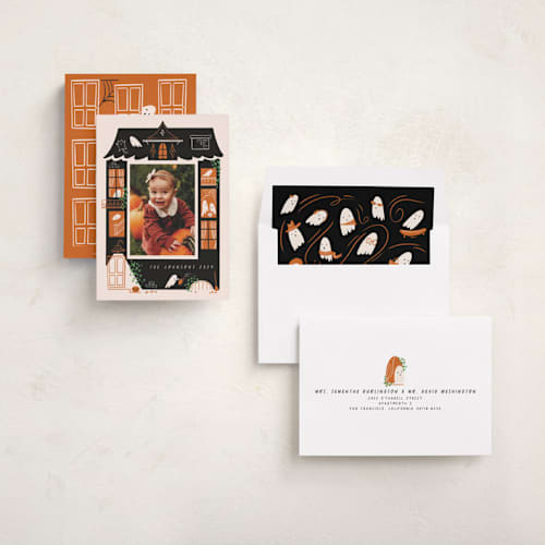 This is a pumpkin halloween party invitations cards with standard by Grae called ghost house printing on recycled smooth signature in standard