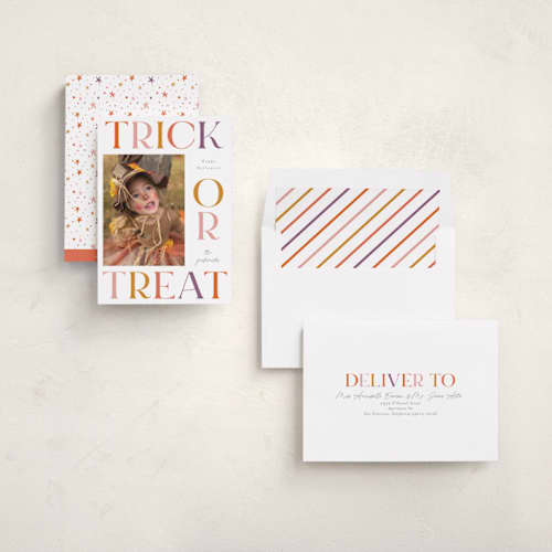 This is a candy bucket halloween party invitations cards with standard by Jackie Crawford called bold trick or treat printing on recycled smooth signature in standard