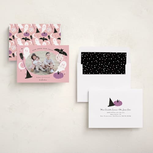 This is a candy halloween party invitations cards with standard by Corinne Malesic called little boo printing on recycled smooth signature in standard