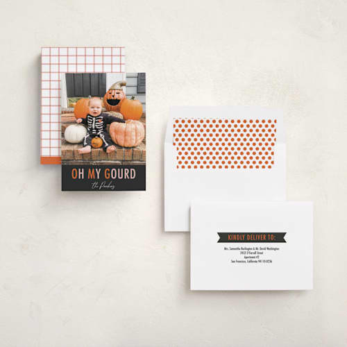 This is a pumpkin halloween party invitations cards with standard by Dawn Pope called oh my gourd printing on recycled smooth signature in standard
