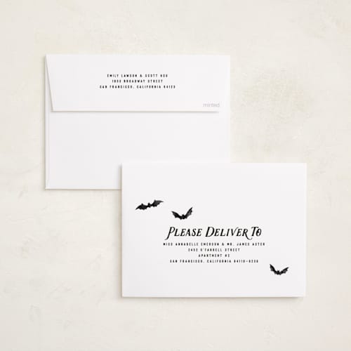 This is a onyx halloween party invitations cards with standard by Hooray Creative called trick-or-treat printing on recycled smooth signature in standard