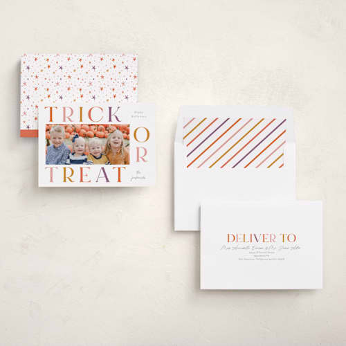 This is a candy bucket halloween party invitations cards with standard by Jackie Crawford called bold trick or treat printing on recycled smooth signature in standard