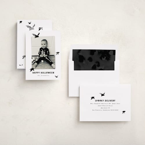 This is a midnight halloween party invitations cards with standard by Angela Garrick called batty printing on recycled smooth signature in standard