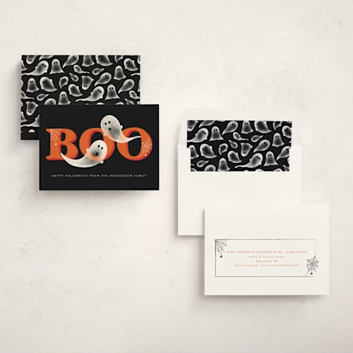 This is a charcoal halloween party invitations cards with standard by Megan Cash called boo! printing on signature in standard