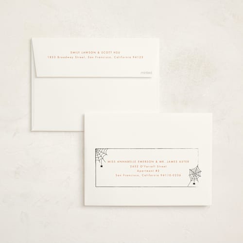 This is a charcoal halloween party invitations cards with standard by Megan Cash called boo! printing on signature in standard