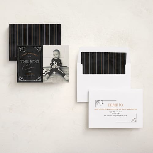 This is a spider halloween party invitations cards with standard by Pixel and Hank called boo crew printing on recycled smooth signature in standard