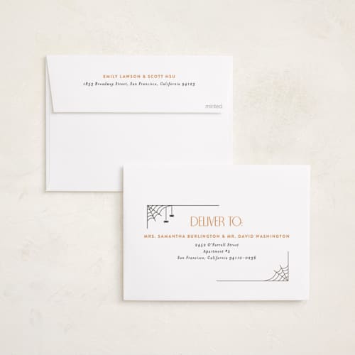 This is a spider halloween party invitations cards with standard by Pixel and Hank called boo crew printing on recycled smooth signature in standard