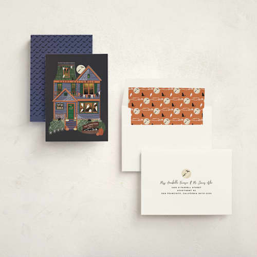 This is a persimmon halloween party invitations cards with standard by Becky Nimoy called halloween house printing on signature in standard