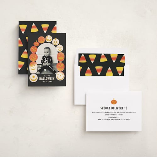 This is a storm halloween party invitations cards with standard by Baumbirdy called pumpkin arch printing on recycled smooth signature in standard