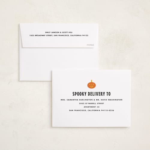 This is a storm halloween party invitations cards with standard by Baumbirdy called pumpkin arch printing on recycled smooth signature in standard