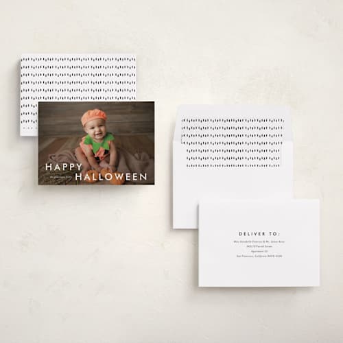 This is a cotton halloween party invitations cards with standard by Stacey Meacham called happy moments printing on recycled smooth signature in standard