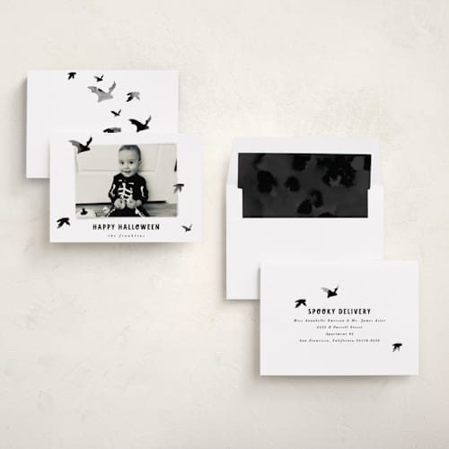 This is a midnight halloween party invitations cards with standard by Angela Garrick called batty printing on recycled smooth signature in standard