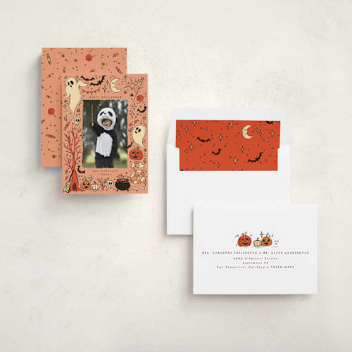 This is a pumpkin halloween party invitations cards with standard by Anastasia Makarova called halloween frame printing on recycled smooth signature in standard