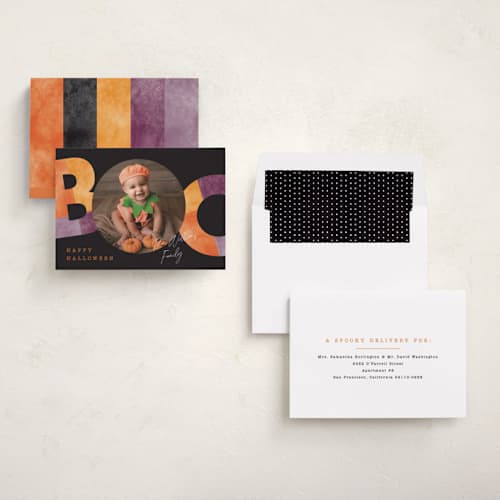 This is a candy halloween party invitations cards with standard by Pixel and Hank called halloween boo printing on recycled smooth signature in standard