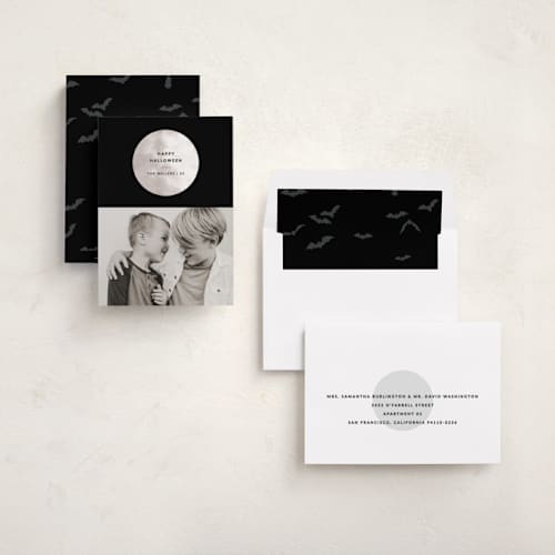 This is a night halloween party invitations cards with standard by Sumak Studio called full moon printing on recycled smooth signature in standard