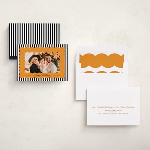 This is a pumpkin halloween party invitations cards with standard by Brittany Braithwaite called halloween stripes printing on recycled smooth signature in standard