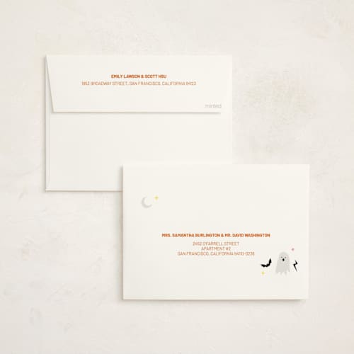 This is a pumpkin halloween party invitations cards with standard by tara berg called bats, ghosts, and witches! printing on signature in standard